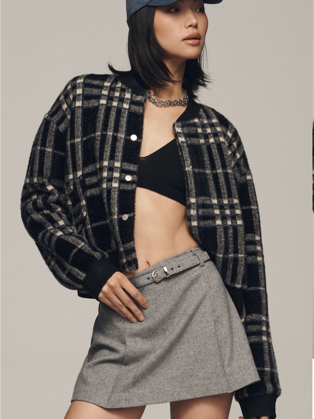 By Anthropologie Cropped Knit Bomber Jacket In Blue Plaid NWT